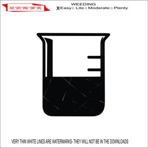May include: Black and white silhouette of a beaker with a graduated scale and liquid inside. The beaker is a common laboratory tool used for measuring and mixing liquids.