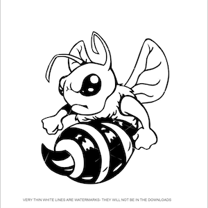 Puede incluir: Ilustración de dibujos animados en blanco y negro de una abeja enfadada. La abeja tiene ojos grandes, el ceño fruncido y agarra su abdomen a rayas. La imagen es un gráfico vectorial, adecuado para diversas aplicaciones.