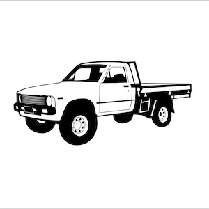 Puede incluir: Una ilustración en blanco y negro de una camioneta pick-up con una plataforma.