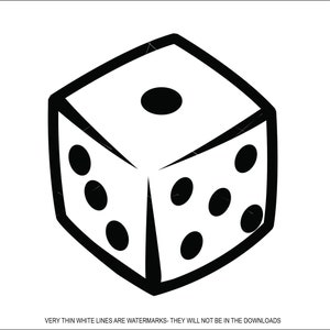 May include: A black and white illustration of a six-sided die with five dots on the visible faces.