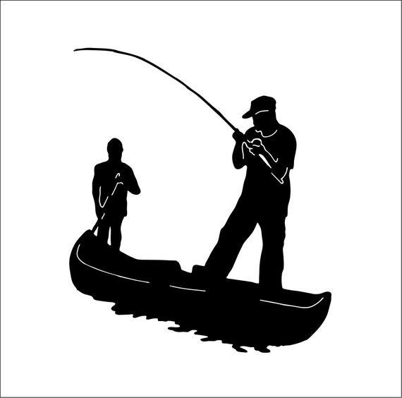 Canoe Boat Fishing Rod Bent Catching Fish on Pole 2 Men Fishing
