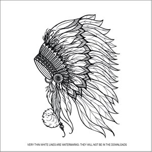 May include: A black and white line drawing of a Native American headdress with intricate details and feathers.