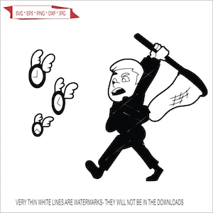 May include: A black and white cartoon illustration of a person running with a net, trying to catch three flying clocks.