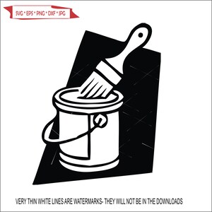 May include: A black and white illustration of a paint can with a paintbrush dipping into the paint.