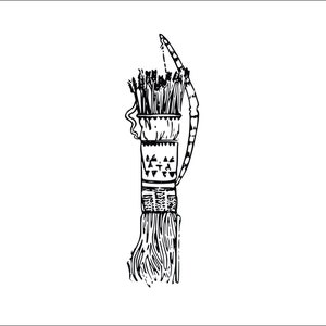 Puede incluir: Una ilustración en blanco y negro de un carcaj lleno de flechas y un arco. El carcaj está decorado con un patrón geométrico.