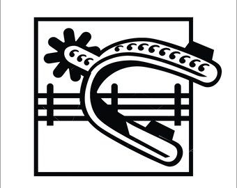 May include: Black and white illustration of a cowboy boot spur with a fence in the background.