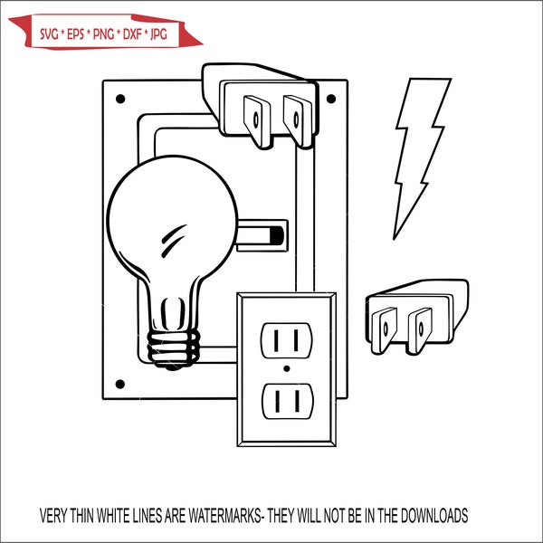Electrician Equipment Wall Plug Lighting Bolt Blub Electrical Repair Circuits Voltage Grid * Sign Image ClipArt digital eps/dxf/png/jpeg/svg