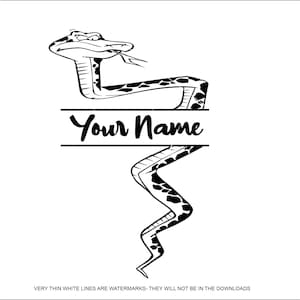 May include: Black and white illustration of a snake with a split banner that says "Your Name".