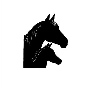 May include: Black and white silhouette of a horse and foal, side by side, with the foal's head resting on the horse's neck.