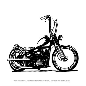 May include: Black and white illustration of a classic motorcycle with a long, straight handlebar and a large, round front tire.