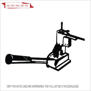 May include: Black and white silhouette of a vintage lever-operated machine with a long handle. The machine has a rectangular base and a vertical structure with a lever on the side.