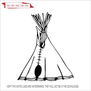 May include: Black and white line art illustration of a teepee tent. The teepee has a pointed top and a flap that is closed. The teepee is decorated with a series of lines and a small circle at the bottom.