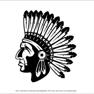 May include: Black and white illustration of a Native American man wearing a headdress with feathers. The man is looking to the side and has a serious expression on his face.