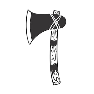 May include: A black and white illustration of a tomahawk with a wooden handle. The handle has a decorative pattern.