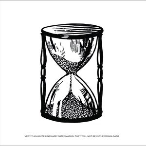 May include: A black and white illustration of an hourglass with sand flowing through the top bulb. The hourglass is a classic symbol of time and is often used in art and design.