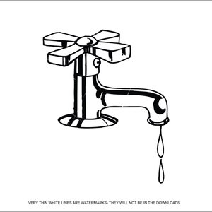 Puede incluir: Una ilustración en blanco y negro de un grifo con un chorro que gotea. El grifo tiene una manija en forma de cruz.