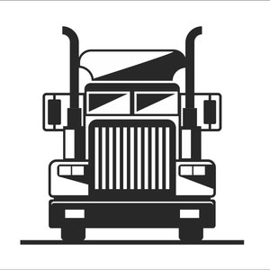 Może przedstawiać: Czarno-biała ilustracja ciężarówki z naczepą widzianej z przodu. Ciężarówka ma duży grill z pionowymi prętami i dwa reflektory po obu stronach.