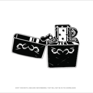 May include: A black and white illustration of a lighter with a flame design. The lighter is open and the lid is flipped up.