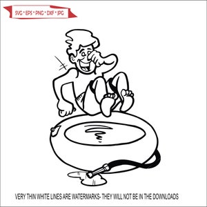 May include: A black and white line drawing of a person sitting in an inflatable pool with a hose attached to the pool.