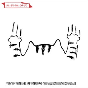 May include: Black and white line art illustration of a cat paw print with a striped pattern. The paw print is in a playful pose with the claws extended.