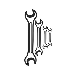 May include: A set of four wrenches of different sizes, arranged in a decreasing size order from left to right. The wrenches are black and have a simple design.