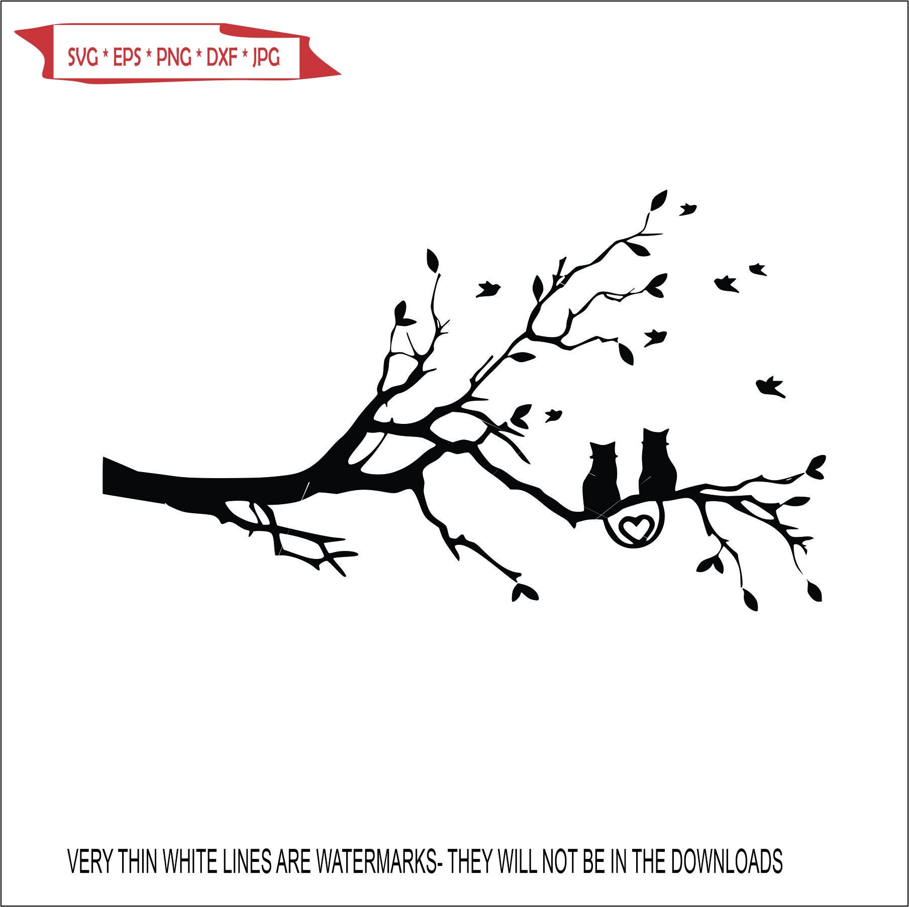 simple Cats Sitting Tree Limb Branch Lovers Heart Leaves Birds Flying Romance * Cut Sign Image ClipArt digital download eps/dxf/png/jpeg/svg