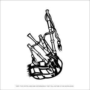 May include: Black and white illustration of a bagpipe. The bagpipe is a traditional Scottish musical instrument.