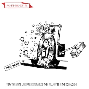 Op de afbeelding: Zwart-witte illustratie van een band die wordt gewassen met een borstel en zeep. De band is omgeven door bellen en de tekst "TIRE WASH" is zichtbaar.
