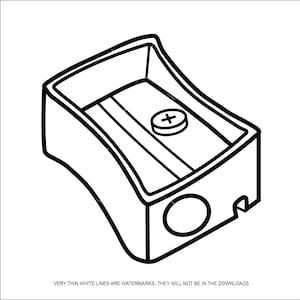 Puede incluir: Un dibujo en blanco y negro de un sacapuntas. El sacapuntas tiene un agujero redondo para el lápiz y una manivela en el lateral.