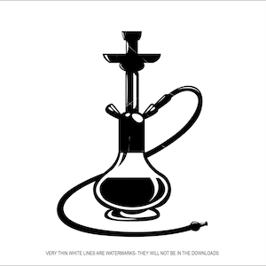 Könnte beinhalten: Eine Schwarzweißillustration einer Wasserpfeife, einer traditionellen Wasserpfeife zum Rauchen von Tabak.