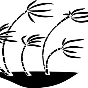 May include: A black and white illustration of several palm trees bending in the wind. The trees are on a black island shape, with the fronds of the trees blowing to the right. The image is a simple, graphic representation of a windy day.