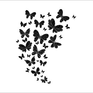 May include: A black and white illustration of a swarm of butterflies flying in a swirling pattern.