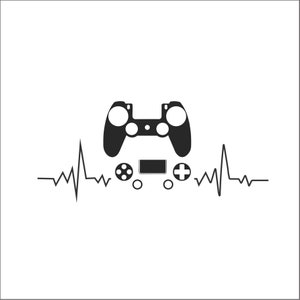 Puede incluir: Un mando de videojuegos negro con un gráfico de latido del corazón debajo. El mando tiene botones, un pad direccional y un panel táctil.