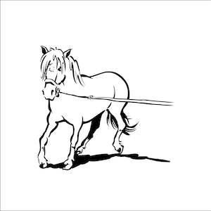 May include: A black and white line drawing of a horse pulling a cart. The horse is in profile and has a harness on. The cart is not visible.