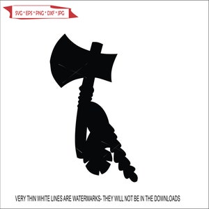 May include: Black silhouette of an axe with a handle that is shaped like a hand.