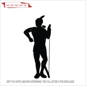 May include: Silhouette of a person holding a spear and bow and arrow. The person is wearing a feathered headdress.