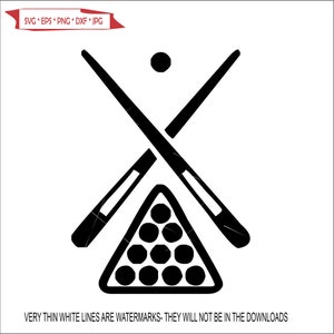May include: Black and white illustration of two crossed pool cues with a triangle of billiard balls in the center.