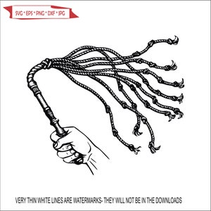 May include: A black and white illustration of a hand holding a whip with multiple strands. The whip is made of rope and has a wooden handle.