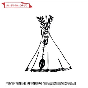 May include: Black and white line art illustration of a teepee tent. The teepee has a pointed top with a flap and a decorative design on the front.