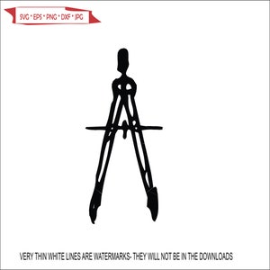 Könnte beinhalten: Eine schwarze Strichzeichnung eines Zirkels, ein Werkzeug zum Zeichnen von Kreisen und Bögen. Das Bild enthält den Text "SVG * EPS * PNG * DXF * JPG" in einem roten Banner. Der Text "VERY THIN WHITE LINES ARE WATERMARKS- THEY WILL NOT BE IN THE DOWNLOADS" ist ebenfalls vorhanden.