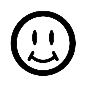 May include: Black and white smiley face with a thick outline and a wide, toothy grin.
