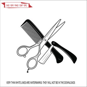 May include: Black and white illustration of a barber's tools, including a comb, scissors, and a straight razor.