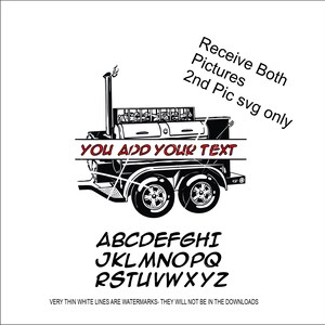 Può includere: Illustrazione in bianco e nero di un affumicatore su ruote con il testo "YOU ADD YOUR TEXT" in rosso. L'immagine include un alfabeto in rosso per la personalizzazione. Ricevi entrambe le immagini e una seconda immagine in formato SVG.