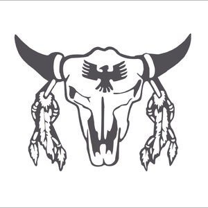 May include: Black and white illustration of a buffalo skull with feathers on either side. The skull has an eagle design on the forehead.