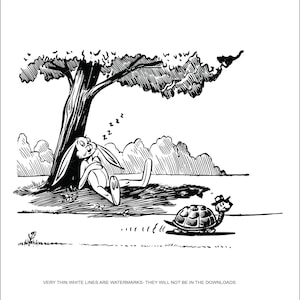 May include: A black and white illustration of a rabbit sleeping under a tree with a turtle walking away from the tree.