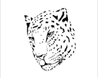 May include: Black and white line art illustration of a leopard's face. The leopard is looking to the right. The illustration is detailed and shows the leopard's spots and whiskers.
