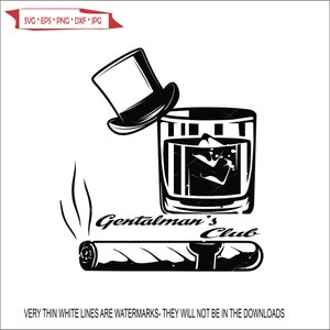Op de afbeelding: Zwart-witte illustratie van een logo voor een gentlemen's club. Het logo toont een hoge hoed, een glas whisky met ijs en een sigaar. De tekst "Gentleman's Club" staat onder de afbeelding.