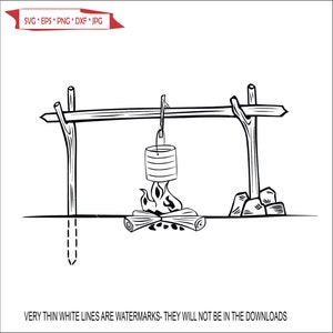 Cooking Open Pot Fire Flame Scene Camp Fire Cookout Wood Hanging Pan Picnic * Cut Sign Image ClipArt digital download eps/dxf/png/jpeg/svg