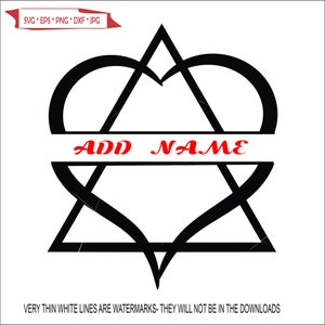 May include: Black and white graphic design of a heart and triangle intertwined. The design has a space for text that says "ADD NAME".