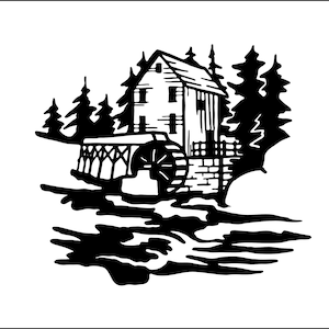 May include: A black and white illustration of a watermill with a large water wheel. The mill is surrounded by trees and a river.
